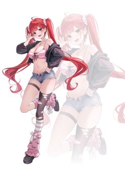 Rule 34 | akane lize, bibi (1vua1ways2), blush, breasts, commentary, denim, denim shorts, fangs, hair ornament, highres, jacket, large breasts, long hair, pink top, red hair, ribbon, shorts, smile, stellive, symbol-only commentary, thighhighs, thighs, torn clothes, torn thighhighs, twintails, virtual youtuber