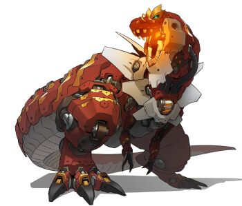 black_sclera colored_sclera digitigrade dinosaur full_body gen_6_pokemon gifer_art glowing_mouth green_eyes highres joints looking_at_viewer mecha mecha_focus mechanical_tail mechanization nintendo no_humans non-humanoid_robot open_mouth pokemon pokemon_(creature) robot robot_joints science_fiction shadow solo tail turning_head tyrantrum