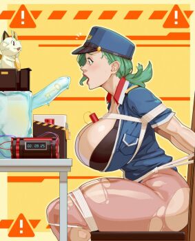 1girl alternate_breast_size_(larger) bomb breasts chair collarbone countdown explosive female_focus gen_1_pokemon green_hair hat ice jenny_(pokemon) key large_breasts light_blush materclaws medium_hair meowth nintendo open_mouth penis pokemon pokemon_(anime) pokemon_journeys police police_uniform policewoman red_lips sitting table tied_up_(nonsexual) torn_clothes torn_legwear