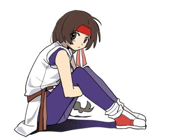 1girl amo_brief belt brown_belt dougi female_focus fingerless_gloves gloves headband karate_gi leggings martial_arts_belt purple_gloves purple_leggings red_headband ryuuko_no_ken shoes sitting sneakers snk solo the_king_of_fighters yuri_sakazaki