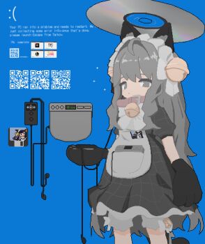 1girl absurdres animal_collar animal_ears animal_hands bell black_gloves blue_background blue_screen_of_death cat_ears cat_girl cd cd_player cd_walkman collar cowboy_shot dress earbuds earphones floppy_disk gloves grey_dress grey_eyes grey_hair hayasabro highres jaggy_lines jingle_bell long_hair looking_at_viewer maid_headdress original paw_gloves plaid_clothes plaid_dress qr_code short_sleeves solo standing
