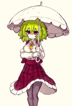 Rule 34 | 1girl, absurdres, ascot, black pantyhose, breasts, collared shirt, commentary, frilled skirt, frills, green hair, highres, holding, holding umbrella, kazami yuuka, korean commentary, large breasts, long sleeves, looking at viewer, medium hair, open clothes, open vest, pantyhose, plaid clothes, plaid skirt, plaid vest, rampa93, red eyes, red vest, shirt, simple background, skirt, skirt set, solo, touhou, umbrella, vest, white shirt, white umbrella, yellow ascot, yellow background