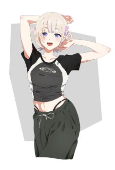 Rule 34 | 1girl, absurdres, arms up, blonde hair, blush, breasts, collarbone, contrapposto, cowboy shot, drawstring, highres, hololive, hololive dev is, knew nothing, linea alba, medium breasts, midriff, multicolored hair, navel, pants, panty straps, purple eyes, regloss (hololive), shirt, short hair, solo, streaked hair, sweatpants, t-shirt, todoroki hajime, virtual youtuber