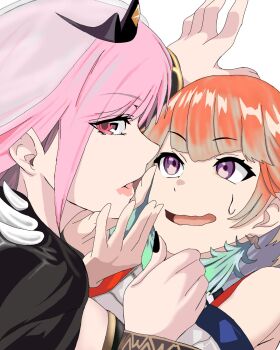 bow bow_choker breasts choker couple detached_sleeves earrings feather_earrings feathers gagusha gradient_hair green_choker green_hair hashtag-only_commentary highres hololive hololive_english jewelry long_hair mori_calliope mori_calliope_(1st_costume) multicolored_hair multiple_girls open_mouth orange_hair pink_hair purple_eyes takanashi_kiara takanashi_kiara_(1st_costume) virtual_youtuber yuri