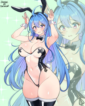 1girl ahoge alternate_costume animal_ears azur_lane bare_shoulders black_thighhighs blue_hair blush breasts commentary covered_navel detached_collar duplicate english_commentary fake_animal_ears helena_(azur_lane) highleg highleg_leotard jarckius large_breasts leotard long_hair navel pasties playboy_bunny purple_eyes rabbit_ears rabbit_pose see-through_clothes see-through_leotard solo strapless strapless_leotard thick_thighs thighhighs thighs translucent_bunnysuit very_long_hair