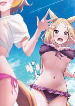 ! 2girls :d :o absurdres animal_ears bikini blonde_hair blue_sky blurry blurry_foreground blush bouncing_breasts breasts cloud contrail day ear_ornament front-tie_top gradient_eyes herohero_(higashi_no_dou) highres horse_ears horse_girl horse_tail medium_breasts medium_hair motion_blur multicolored_eyes multiple_girls narita_top_road_(umamusume) navel non-web_source open_mouth orange_hair outdoors parted_bangs pink_bikini purple_bikini purple_eyes scan shirt short_hair short_sleeves side-tie_bikini_bottom sky smile swimsuit t.m._opera_o_(umamusume) tail umamusume umamusume:_road_to_the_top white_shirt yellow_eyes