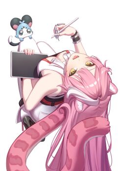 1girl animal_ears bare_shoulders blush breasts chattino_(raora_panthera) cleavage commentary drawing_tablet holding holding_drawing_tablet holding_stylus hololive hololive_english large_breasts long_hair looking_at_viewer open_mouth panther_ears panther_girl panther_tail pink_hair pink_tail raora_panthera raora_panthera_(1st_costume) resu_desu shirt shorts simple_background smile stylus symbol-only_commentary tail virtual_youtuber white_background white_shirt white_shorts yellow_eyes
