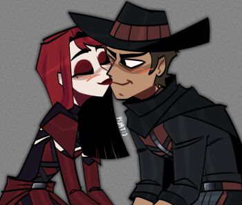 1boy 1girl brown_hair commentary couple cowboy english_commentary erron_black grey_background happy hat hetero kiss long_hair mortal_kombat_(series) mortal_kombat_11 piyat-tidaaaa red_hair short_hair simple_background skarlet toon_(style) western