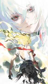 1girl absurdres arm_strap bare_shoulders black_choker black_gloves black_horns black_pants blonde_hair choker curled_horns earrings from_behind gloves highres holding horns jewelry key_earrings long_hair looking_at_viewer looking_back missing_commentary multicolored_hair multiple_views necktie necktie_around_wrists pangu_terminal_(wuthering_waves) pants parted_lips red_eyes red_necktie shirt shuangbatian streaked_hair tacet_mark_(wuthering_waves) white_hair white_shirt wuthering_waves zani_(wuthering_waves)