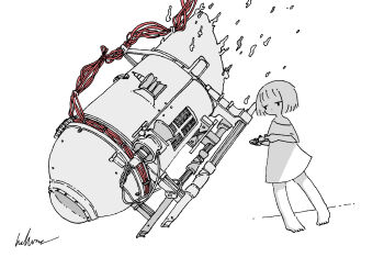 Rule 34 | 1girl, absurdres, barefoot, cable, commentary, greyscale, highres, holding, kaduise, monochrome, no pants, original, oversized clothes, oversized shirt, shirt, short hair, short sleeves, signature, single off shoulder, solo, spot color, standing, submarine, titan (submersible), watercraft