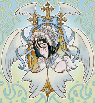 Rule 34 | 1girl, 639squid, absurdres, alien stage, black hair, blue choker, choker, closed eyes, commentary, cross, english commentary, headdress, highres, own hands together, short hair, smile, solo, sua (alien stage), tears, white headdress, white wings, wings