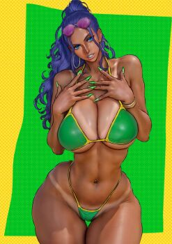 1girl absurdres b_0_rukia bare_shoulders bikini blue_eyes bracelet brazilian_flag brazilian_flag_print breasts collarbone dark-skinned_female dark_skin earrings female_focus fingernails flag_print green_nails highres hoop_earrings jewelry large_breasts long_fingernails looking_at_viewer navel navel_piercing nico_robin one_piece piercing ponytail solo solo_focus standing sunglasses_on_head swimsuit tan tanline teeth thigh_gap thighs wide_hips