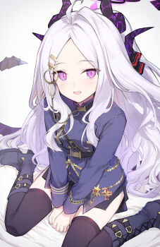 1girl :d ahoge black_boots black_skirt black_thighhighs blue_archive blush boots commentary_request demon_horns demon_wings dress grey_hair halo highres hina_(blue_archive) horns knee_boots long_sleeves looking_at_viewer miniskirt miya_kazutomo multiple_horns open_mouth parted_bangs pink_hair purple_dress side_slit sitting skirt smile solo thighhighs wariza wings