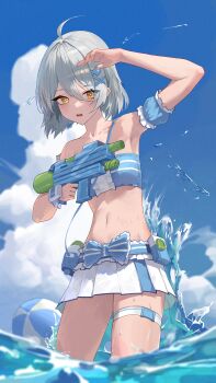1girl absurdres acacia_(snowbreak) arm_up armpits ball bandeau bare_shoulders beachball bikini bikini_skirt blue_sky blush bow breasts cloud commentary cup detached_sleeves fish_hair_ornament grey_hair hair_ornament highres holding holding_water_gun hwan_(verypoor) looking_at_viewer navel ocean open_mouth outdoors puffy_short_sleeves puffy_sleeves short_hair short_sleeves sky snowbreak:_containment_zone solo strapless strapless_bikini swimsuit symbol-only_commentary thigh_strap tube_top wading water_gun yellow_eyes
