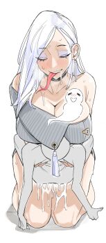 Rule 34 | 1boy, 1girl, blush, breast smother, breasts, cum, ejaculation, face to breasts, faceless, faceless male, fate/grand order, fate (series), ghost, hebi nyoubou (fate), huge breasts, implied sex, long tongue, mature female, oha v, size difference, smother, thigh sex, tongue