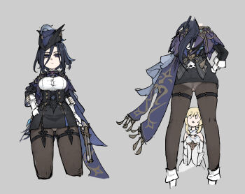 2girls absurdres antique_firearm ascot black_corset blonde_hair blue_ascot blue_cape buttons cape clorinde_(genshin_impact) commentary_request corset dress drill_hair drill_sidelocks epaulettes firearm flower fold-over_gloves framed_breasts gun hair_between_eyes hair_flower hair_ornament hat hat_feather highres jacket long_hair long_hair_between_eyes lumine_(genshin_impact) multiple_girls original panties pantyhose pencil_skirt purple_ascot scarf shirt short_hair_with_long_locks sidelocks skirt taut_clothes taut_shirt tricorne underwear vision_(genshin_impact) wakoo weapon white_dress white_scarf