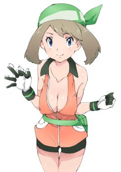 1girl :q bag bandana bare_arms bare_legs bare_shoulders bike_shorts blue_eyes blush breasts brown_hair cleavage clenched_hand closed_mouth collarbone covered_erect_nipples cowboy_shot fanny_pack female_focus flipped_hair gloves green_bandana hand_gesture hands_up large_breasts legs licking_lips looking_at_viewer may_(pokemon) may_(pokemon_emerald) multicolored_gloves naughty_face nintendo open_clothes pokemon pokemon_(anime) pokemon_emerald pokemon_rse pouch sexually_suggestive short_hair simple_background sleeveless smile solo standing tongue tongue_out white_background wigglytuff_(pokeacc)
