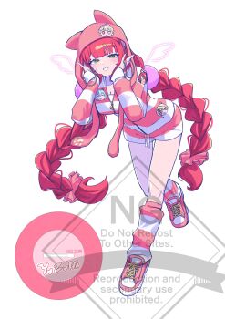 Rule 34 | 1girl, absurdres, braid, dondobi, green eyes, highres, hood, long hair, red eyes, red shoes, shoes, socks, solo, striped clothes, twin braids, ukinami yuzuha, v, watermark, zenless zone zero