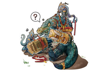 3others ? absurdres armband aztec blue_scales crocodilian furry furry_male gauntlets gloves gold_gloves grass helping highres holding holding_with_tail jewelry jumbowhopper kroxigor lizardman lizardman_(warhammer_fantasy) looking_at_another looking_at_hands multiple_others on_ground power_fist prehensile_tail putting_on_gloves red_rope reptilian ring rope sacred_kroxigor scales simple_background sitting skink spiked_gauntlets spiked_gloves spoken_question_mark tail tail_ornament tail_ring total_war total_war:_warhammer total_war:_warhammer tying warhammer_fantasy white_background wide-eyed yellow_eyes