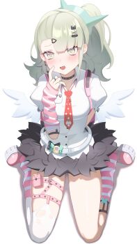 1girl absurdres aqua_nails arm_behind_back arm_warmers bandaid bandaid_hair_ornament black_skirt blush breasts collar commentary_request dyboluo fang finger_to_cheek fur-trimmed_skirt fur_trim green_eyes green_hair hair_ornament heart heart_hair_ornament highres jewelry leg_warmers looking_at_viewer multiple_hair_clips multiple_rings multiple_thigh_straps necktie open_mouth pink_arm_warmers pink_bag pink_leg_warmers pink_shoes ponytail red_necktie ring shirt shoes simple_background sitting skin_fang skirt small_breasts solo striped_arm_warmers striped_leg_warmers sunna_(zenless_zone_zero) sweatdrop thigh_strap wariza white_background white_shirt white_wings winged_bag wings zenless_zone_zero