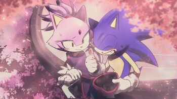 1boy 1girl animal_ears blaze_the_cat blue_fur blush candy cat_ears cat_girl cat_tail chocolate chocolate_heart chocolate_on_face closed_eyes closed_mouth commentary_request eyelashes food food_on_face forehead_jewel furry furry_female furry_male gloves hat heart heart-shaped_food hedgehog_boy highres holding holding_chocolate holding_food jacket looking_at_another nanadoesart open_mouth pants purple_fur purple_hat purple_jacket sitting smile sonic_(series) sonic_the_hedgehog sweatdrop tail thumbs_up white_gloves white_pants