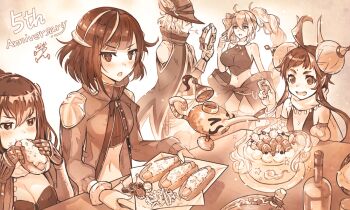 1boy 4girls ahoge anniversary artist_name bindi bottle braid breasts cake eating evelika_(ta_ga_tame_no_alchemist) food hair_between_eyes hand_up hat hazel_(ta_ga_tame_no_alchemist) holding holding_food holding_plate instrument leon_(ta_ga_tame_no_alchemist) midriff multiple_girls nakatsun_(gumi) number_candle official_art plate pointy_ears profile rahu_(ta_ga_tame_no_alchemist) second-party_source sepia signature simple_background single_braid small_breasts suiran_(ta_ga_tame_no_alchemist) ta_ga_tame_no_alchemist table tambourine two-handed wine_bottle