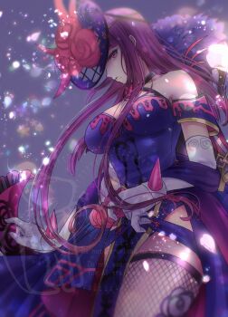 1girl armpits bare_shoulders blue_dress breasts cleavage collarbone dress elbow_gloves fascinator fire_emblem fire_emblem_engage fishnet_thighhighs fishnets flower gloves highres ivy_(fire_emblem) large_breasts long_hair mole mole_under_mouth nekoyashiki_08 nintendo parted_lips purple_dress purple_eyes purple_hair rose side_slit solo spiked strapless strapless_dress thighhighs thorn_print very_long_hair white_gloves