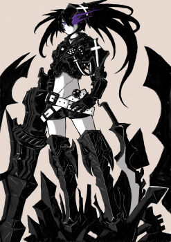 1girl absurdres armor belt belt_skirt black_belt black_hair black_rock_shooter chain fire flaming_eye gauntlets greaves highres huge_weapon insane_black_rock_shooter long_hair loose_belt mrnn pale_skin purple_eyes purple_fire scar shorts stitches twintails uneven_twintails weapon