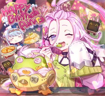 1girl 2girls aino_(genshin_impact) blue_eyes blue_hair blush_stickers character_name food food_on_face food_request frog genshin_impact green_tank_top hair_ornament hair_pulled_back hairpin happy_birthday heart heart_hair_ornament highres holding holding_spoon imoraisu_subu ineffa_(genshin_impact) looking_at_viewer multiple_girls one_eye_closed pink_hair raised_eyebrows screw sleeves_past_fingers sleeves_past_wrists spoon striped_blush tank_top twitter_username