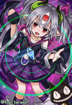1girl black_cat black_dress cat clothing_cutout dress duel_monster feet_out_of_frame fuji_tarawi gloves grey_eyes half_gloves highres holding holding_pendulum hypnosister hypnotizing_viewer looking_at_viewer navel navel_cutout pendulum red_eyes shoulder_cutout smile solo third_eye trancefamiliar twintails yu-gi-oh!