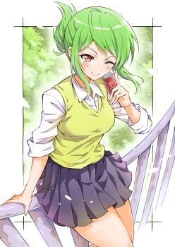 1girl absurdres black_skirt brown_eyes can closed_mouth commentary_request drink_can from_above green_hair highres holding holding_can ishikawa_riko jikkyou_powerful_pro_yakyuu on_railing one_eye_closed pawahotel3021 ponytail power_pro_kun_pocket power_pro_kun_pocket_7 railing shirt short_ponytail skirt sleeves_rolled_up smile solo sweater_vest white_shirt yellow_sweater_vest