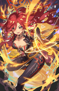 1girl ahoge biker_clothes bikesuit black_bodysuit black_gloves bodysuit breasts cleavage colored_inner_hair commentary earrings english_commentary fire floating floating_hair floating_object foot_out_of_frame genshin_impact gloves gnosis_(genshin_impact) hair_between_eyes jewelry large_breasts long_hair looking_at_viewer lower_teeth_only mavuika_(genshin_impact) multicolored_hair open_mouth orange_eyes orange_hair pyrokinesis reaching red_hair ring saylamars smile solo standing standing_on_one_leg sun_earrings symbol_in_eye teeth