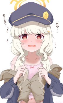 1girl aoba_(blue_archive) bare_shoulders black_hat black_jacket blonde_hair blue_archive blush camisole collarbone commentary_request embarrassed furrowed_brow hair_ornament hairclip halo hands_up hat highres ice_night328 jacket jacket_partially_removed long_hair looking_at_viewer low_twintails midriff navel open_clothes open_jacket open_mouth peaked_cap pink_background pink_camisole red_eyes sidelocks simple_background solo straight-on strap_slip sweat tearing_up translation_request trembling twintails upper_body white_background yellow_halo