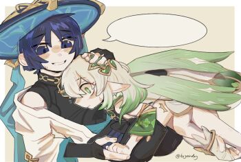 1boy 1girl ^^^ anklet arm_at_side armlet black_bodysuit black_bridal_gauntlets black_hair blank_speech_bubble blue_hat blue_kimono blue_sleeves blunt_ends blush bodysuit border bridal_gauntlets bright_pupils brown_background cape clenched_hand closed_mouth colored_tips cross-shaped_pupils detached_sleeves dress eyeliner fingernails genshin_impact girl_on_top gold gold_ring green_cape green_eyes green_hair green_sleeves grin hair_ornament hand_on_another's_head hat head_on_chest heart heart_hair_ornament hetero japanese_clothes jewelry jingasa juban kimono layered_sleeves long_hair looking_at_another makeup middle_ring multicolored_hair nahida_(genshin_impact) nervous_smile notice_lines open_clothes open_hand open_kimono parted_lips purple_eyes red_eyeliner scaramouche_(genshin_impact) shoulder_peek side_ponytail sidelocks smile socks speech_bubble stirrup_footwear surprised sweatdrop symbol-shaped_pupils three-quarter_sleeves toyerdog turtleneck turtleneck_bodysuit twitter_username wanderer_(genshin_impact) white_border white_dress white_hair white_kimono white_pupils white_sleeves white_socks