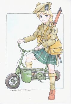 Rule 34 | 2023, ammunition pouch, bag, blonde hair, blue eyes, bolt action, commentary request, dated, full body, green jacket, green skirt, gun, gun sling, handbag, highres, jacket, kaz tsuruoka, knit socks, lee-enfield, load bearing vest, long hair, looking at viewer, military uniform, motor vehicle, motorcycle, original, pouch, rifle, side ponytail, skirt, weapon, weapon on back, white background