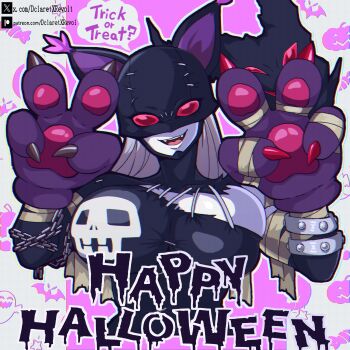 Rule 34 | 1girl, animal ears, animal hands, bandages, breasts, cat ears, chain, chromatic aberration, claws, commentary, dclaret, digimon, digimon (creature), double v, english commentary, fangs, gloves, grey hair, halloween, happy halloween, highres, ladydevimon, large breasts, long hair, looking at viewer, mask, open mouth, outline, paw gloves, solo, speech bubble, v, white outline