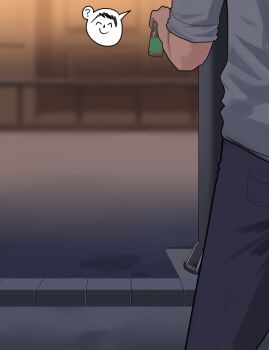 1boy ? absurdres arapanchi black_pants blue_archive blurry blurry_background bottle commentary grey_shirt highres holding holding_bottle lower_body male_focus outdoors pants road sensei_(blue_archive) shirt solo speech_bubble spoken_question_mark stain street