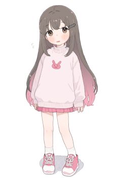 1girl animal_print baigao-ji_(baigao) blush brown_eyes brown_hair child hair_between_eyes hair_ornament hairclip high_collar highres long_hair long_sleeves md5_mismatch miniskirt original oversized_clothes pink_shoes pink_skirt pleated_skirt possummachine print_sweater puffy_long_sleeves puffy_sleeves rabbit_print second-party_source shoes sidelocks skirt sleeves_past_wrists smile sneakers socks standing sweater white_background white_socks white_sweater