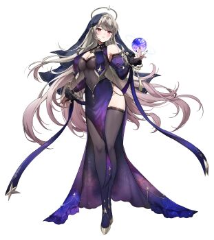 1girl bare_shoulders black_veil bodysuit breast_curtains breasts brown_bodysuit brown_thighhighs cleavage covered_navel crystal_ball detached_sleeves flats full_body game_asset gijang gradient_hair gradient_thighhighs grey_hair halo highres juliet_sleeves lace lace-trimmed_thighhighs lace_trim large_breasts logo long_hair long_skirt long_sleeves looking_at_viewer multicolored_hair non-web_source parted_lips pelvic_curtain pink_hair poker_fate puffy_sleeves purple_skirt red_eyes self-datamine skirt solo thighhighs thighs transparent_background two-tone_hair veil veil_(poker_fate) very_long_hair
