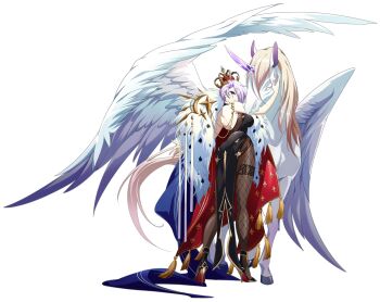 Rule 34 | 1girl, absurdres, alpha (langrisser), animal, ass, asymmetrical legwear, back, backless dress, backless outfit, bare arms, bare back, bare shoulders, black dress, black gown, black pantyhose, black shoes, blue cape, breasts, cape, crown, crystal, crystallization, dress, evening gown, facial mark, feathered wings, fishnet pantyhose, fishnets, fleur-de-lis, formal clothes, from behind, full body, fur-trimmed cape, fur trim, game cg, gown, hair over one eye, high heels, highres, hooves, horns, horse, langrisser, langrisser mobile, legs, long bangs, looking at viewer, looking back, median furrow, medium breasts, official alternate costume, official art, pantyhose, parted lips, pegasus, petting, pink hair, purple eyes, red cape, royal robe, second-party source, shoes, short hair, simple background, single horn, sleeveless, sleeveless dress, solo focus, standing, tachi-e, tassel, thighband pantyhose, transparent background, two-sided cape, two-sided fabric, unicorn, unicorn horn, white wings, winged unicorn, wings