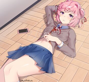 1girl arm_behind_head bare_legs blazer blush breasts clothes_lift doki_doki_literature_club doki_doki_literature_club_school_uniform hair_ribbon headphones highres jacket knee_up legs lifting_own_clothes looking_at_viewer lying midriff narrow_waist natatheknife natsuki_(doki_doki_literature_club) navel on_back on_floor petite phone pink_eyes pink_hair red_ribbon relaxing ribbon school_uniform shiny_skin shirt_lift short_hair skirt small_breasts solo thick_thighs thighs