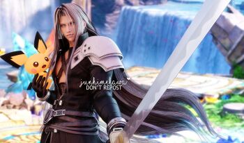 Rule 34 | 1boy, 3d, absurdres, aqua eyes, armor, bangle, black coat, black gloves, blender (medium), bracelet, chest strap, coat, crystal, final fantasy, final fantasy vii, final fantasy vii remake, gen 2 pokemon, gloves, grey hair, highres, holding, holding sword, holding weapon, jewelry, long bangs, long hair, male focus, masamune (ff7), neko-zamurai (drama), nintendo, open mouth, parted bangs, pauldrons, pichu, pokemon, pokemon (creature), sephiroth, shoulder armor, slit pupils, solarasona, super smash bros., sword, upper body, water, waterfall, weapon