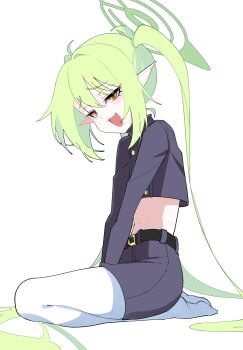 1girl armband bag belt blue_archive blue_jacket blue_shorts demon_tail fang gloves green_hair halo hat highres jacket leggings mesugaki navel nozomi_(blue_archive) pointy_ears shorts tail train_conductor twintails white_gloves yellow_eyes zhugul0804