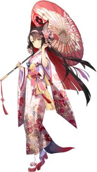 1girl animal_ear_fluff animal_ears artist_request black_hair blue_archive blunt_ends blush closed_mouth colored_inner_hair commentary english_commentary floral_print floral_print_kimono flower fox_ears fox_girl fox_mask fox_tail hair_flower hair_ornament hairband halo high_heel_sandals highres holding holding_umbrella japanese_clothes kimono long_hair looking_at_viewer mask mask_on_belt multicolored_hair multicolored_kimono obi official_alternate_costume pink_flower pink_hairband pink_kimono print_kimono purple_sash red_hair red_halo red_sandals red_umbrella sandals sash smile solo tabi tail two-tone_hair umbrella wakamo_(blue_archive) wakamo_(valentine)_(blue_archive) white_kimono wide_sleeves yellow_eyes