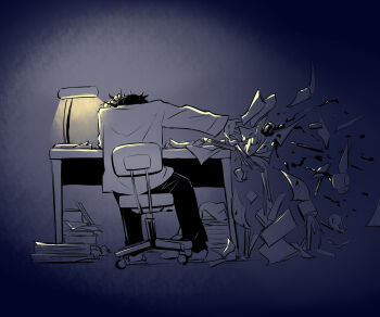 1boy absurdres avogado6 chair desk desk_lamp facing_away frustrated hand_on_own_head highres ink inkwell lamp long_sleeves male_focus nib_pen_(object) office_chair original pants paper_stack papers partially_colored pen solo swivel_chair tape