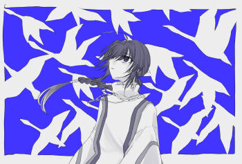 1other ahoge bird braid commentary_request duck fate/samurai_remnant fate_(series) flying highres jewelry kashiko_(drop_out!) limited_palette necklace solo upper_body yamato_takeru_(fate)