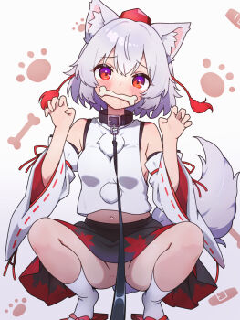 1girl animal_collar animal_ear_fluff animal_ears black_skirt blush bone bone_in_mouth breasts brown_collar chikuzen1996 claw_pose collar commentary_request convenient_censoring detached_sleeves drooling geta grey_hair hat highres holding holding_leash inubashiri_momiji leash looking_at_viewer medium_breasts midriff mouth_hold navel no_bra no_panties pom_pom_(clothes) red_eyes red_hat red_skirt skirt socks solo squatting tail tengu-geta tokin_hat touhou two-tone_skirt viewer_holding_leash white_socks wolf_ears wolf_girl wolf_tail