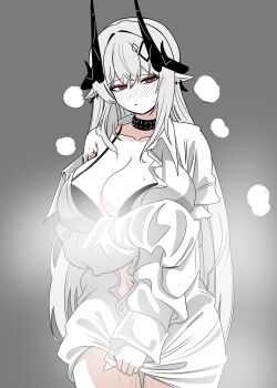 1girl absurdres after_bathing arknights black_bra black_horns blush bra breasts choebal1356201 cleavage collarbone cowboy_shot grey_background grey_hair hair_between_eyes hashtag-only_commentary heart heart-shaped_pupils highres horns infection_monitor_(arknights) large_breasts long_hair long_sleeves looking_at_viewer material_growth mudrock_(arknights) nose_blush off_shoulder oripathy_lesion_(arknights) pointy_ears red_eyes shirt single_sleeve_past_fingers solo standing steam symbol-shaped_pupils underwear wet white_shirt