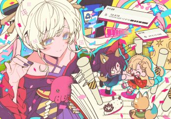 Rule 34 | 3girls, animal ears, bare shoulders, blonde hair, blue eyes, chibi, cho kaguya-hime!, closed eyes, confetti, fish, fox shadow puppet, frilled sleeves, frills, fushi (cho kaguya-hime!), hair ornament, hair rings, hair stick, hashtag-only commentary, inudoge, japanese clothes, kaguya (cho kaguya-hime!), kimono, long hair, long sleeves, looking at another, lop rabbit ears, maha 0712, mini person, minigirl, multiple girls, nail polish, octopus, outline, purple hair, purple kimono, purple nails, rabbit ears, red kimono, runami yachiyo, sakayori iroha, smile, sparkle, twintails, utility pole, white hair, wide sleeves, window (computing)