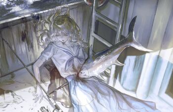 1girl bleeding blonde_hair blood blood_from_mouth blood_splatter blue_skirt boat day feet_out_of_frame fish fishing_rod hair_flowing_over highres impaled ladder lifebuoy long_hair long_skirt mei_mezu original outdoors pool_of_blood sailor_collar school_uniform serafuku shirt skirt smeared_blood swim_ring swordfish very_long_hair watercraft wavy_hair white_sailor_collar white_shirt